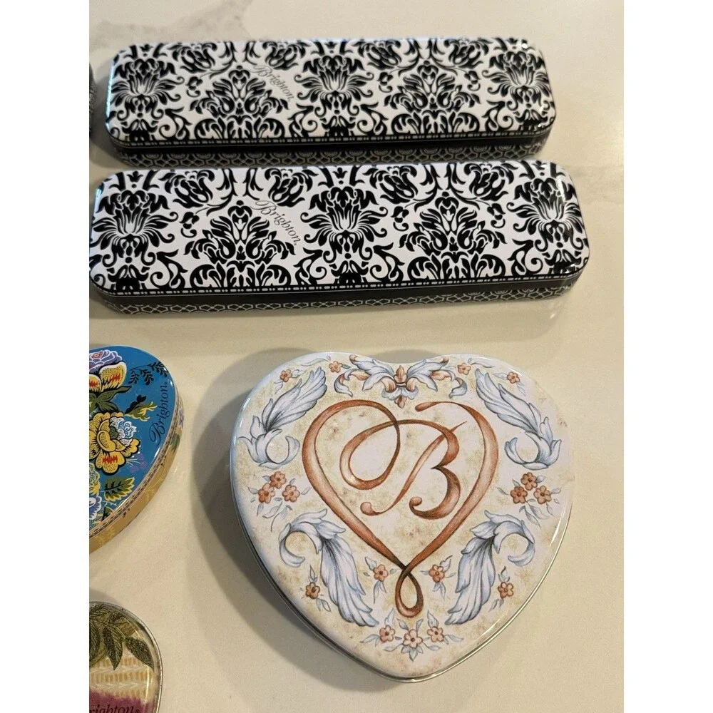 Brighton heart shape & rectangular EMPTY tin metal jewelry containers, lot of 8